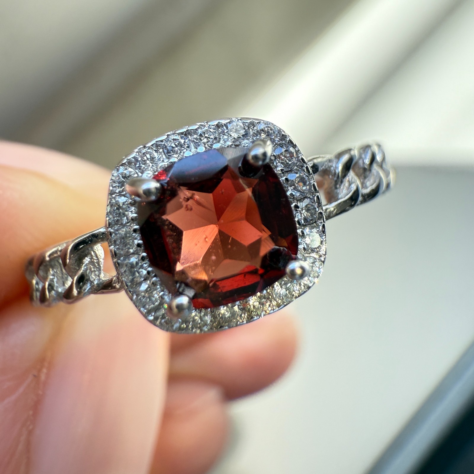 925 Sterling Silver Ring 5mm Natural Rhodolite Garnet Zircon Handmade Chain Gift