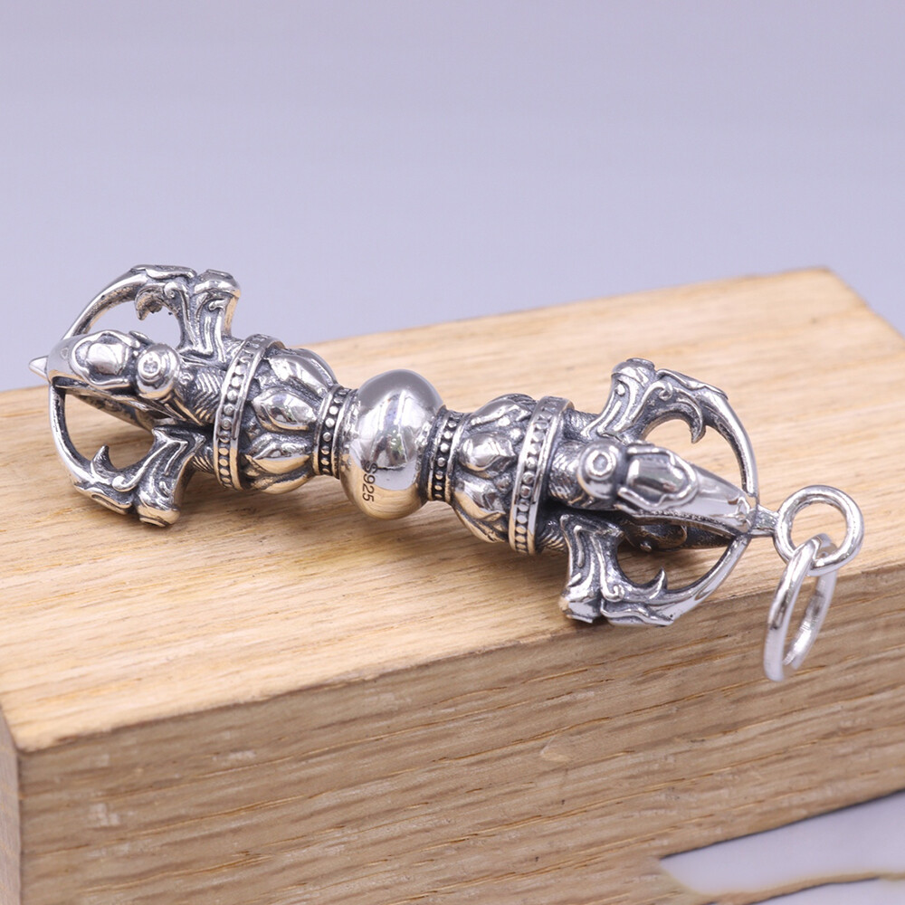 Real Pure S925 Sterling Silver Men Women Lucky Vajra Pendant 29-30g 65*18mm