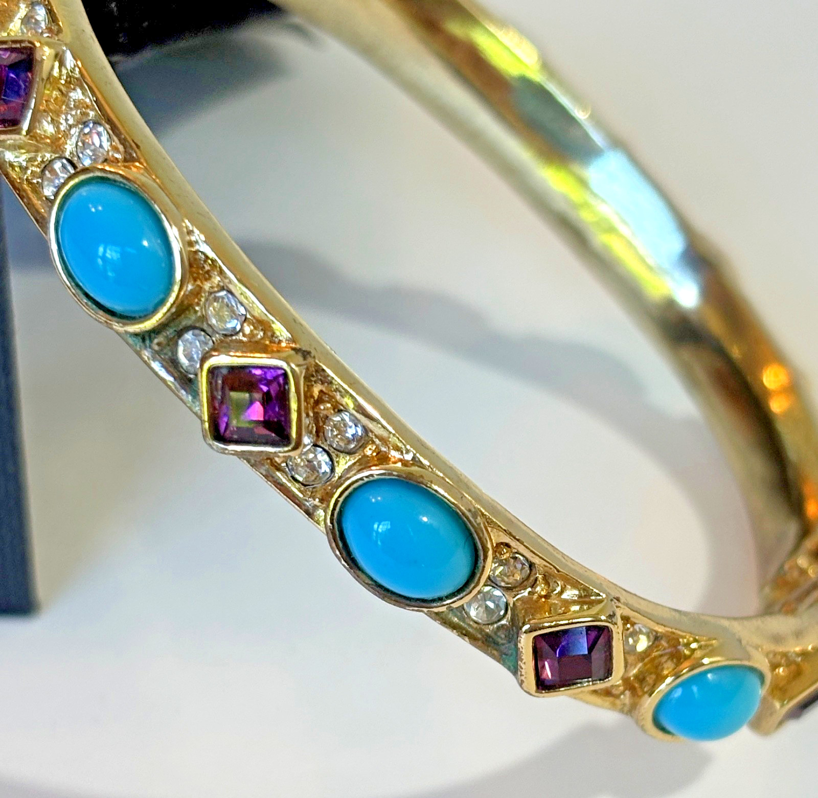 Kenneth Jay Lane Amethyst Faux Turquoise Cabochon Hinged Bracelet Gold Plate KJL