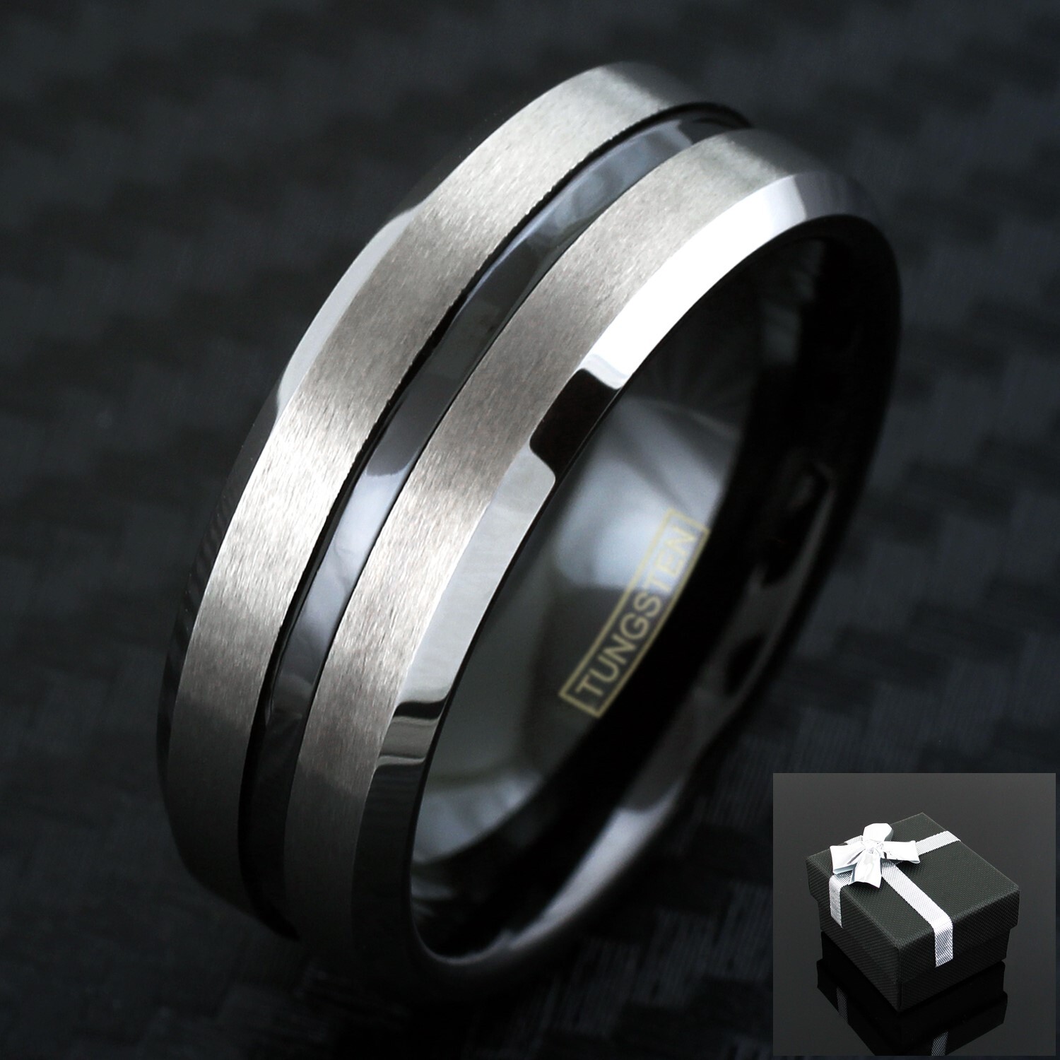 8mm Tungsten Men’s Silver Brushed with Black Stripe & Inside Wedding Band Ring
