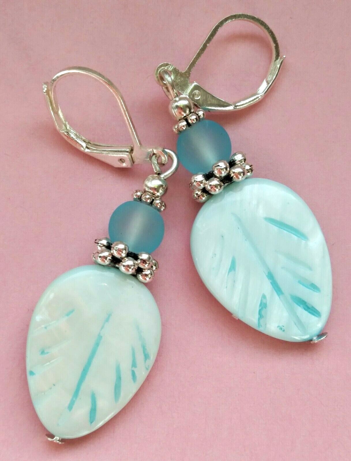 BABY BLUE Carved LEAF frosted crystal earring SP LEVERBACK artisan
