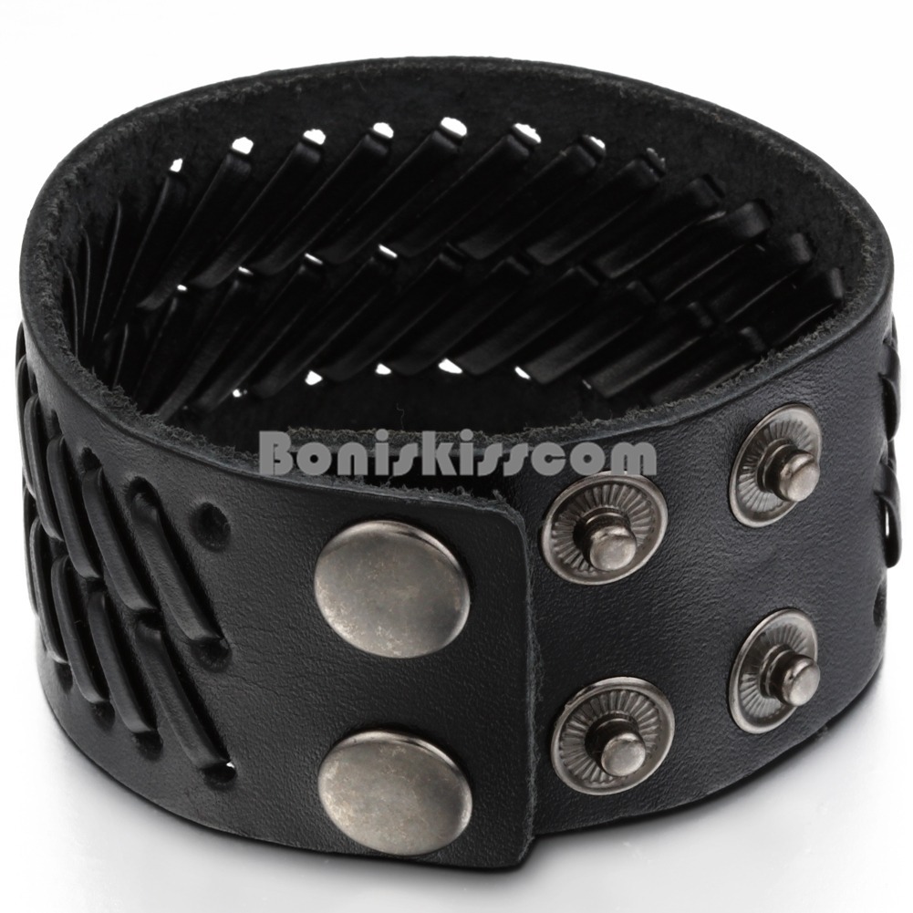 Super Wide Black Leather Men‘s Boys Adjustable Cuff Strap Wristband Bracelet