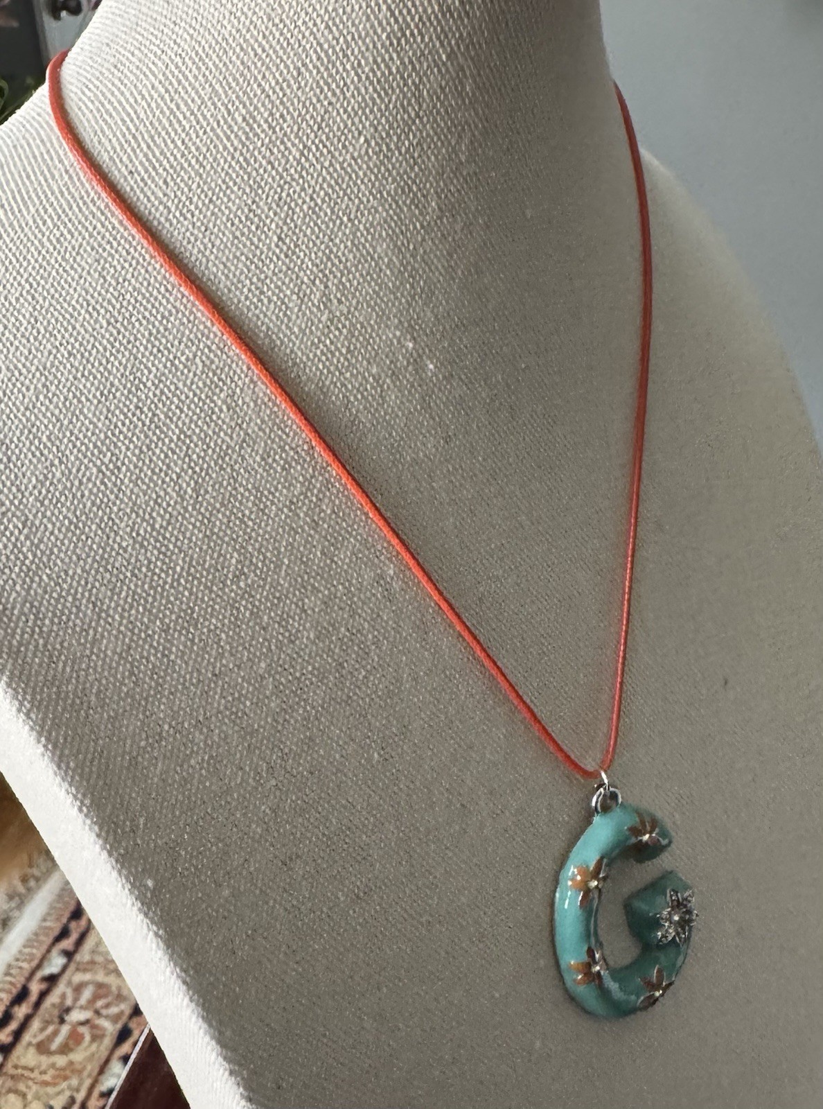 Vintage Floral Orange & Turquoise Enamel Letter G Pendant Leather Cord Necklace