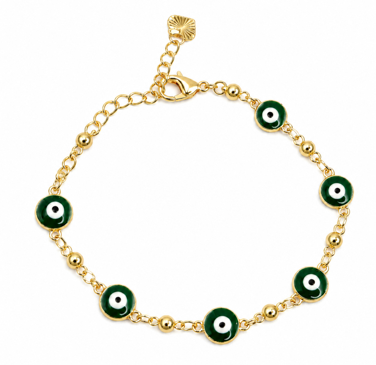 Real 1/200 14K Yellow Gold Overlay Green Evil Eye Rosary Religious Bracelet