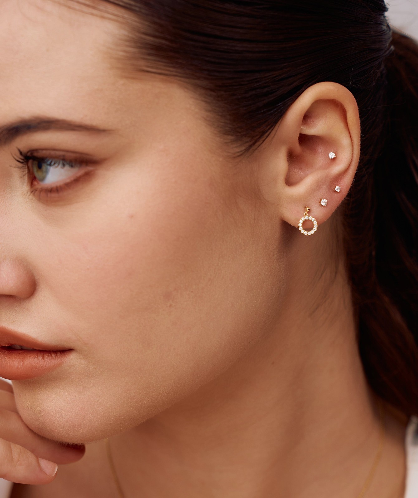 14K Gold Round Cut Lab Grown Diamond Open Circle Drop Earrings With Bead Stud