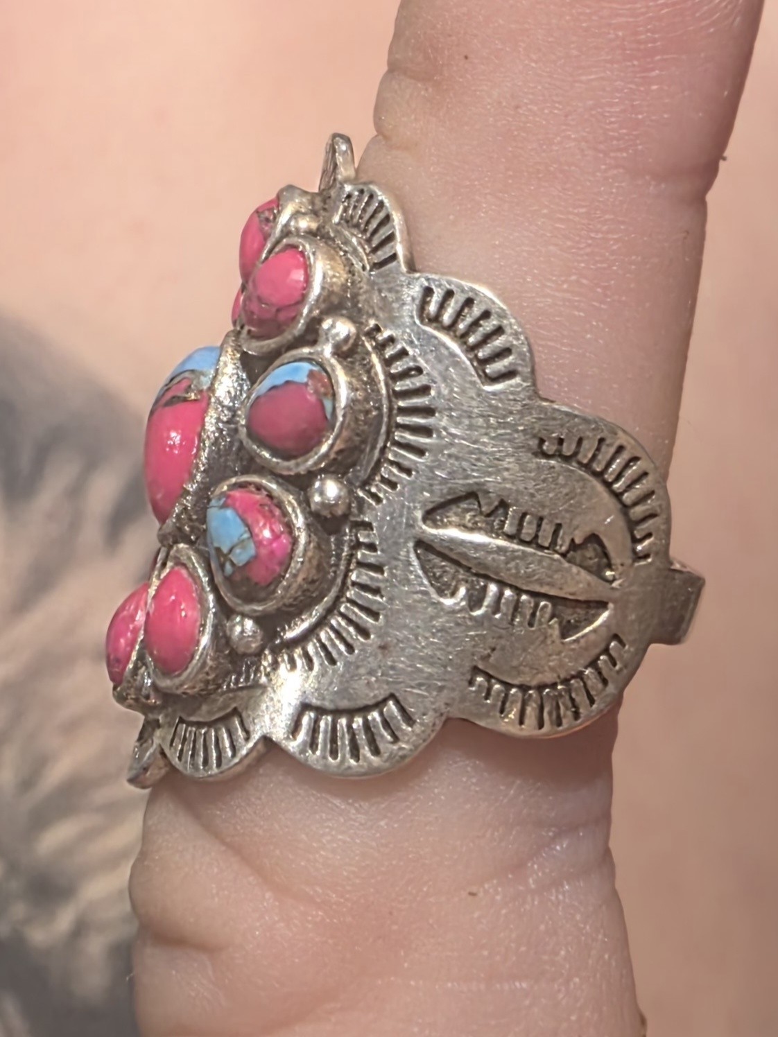 Silver Tone Oval Cotton Candy Turquoise Cluster Ring Size 5 Bezel Set
