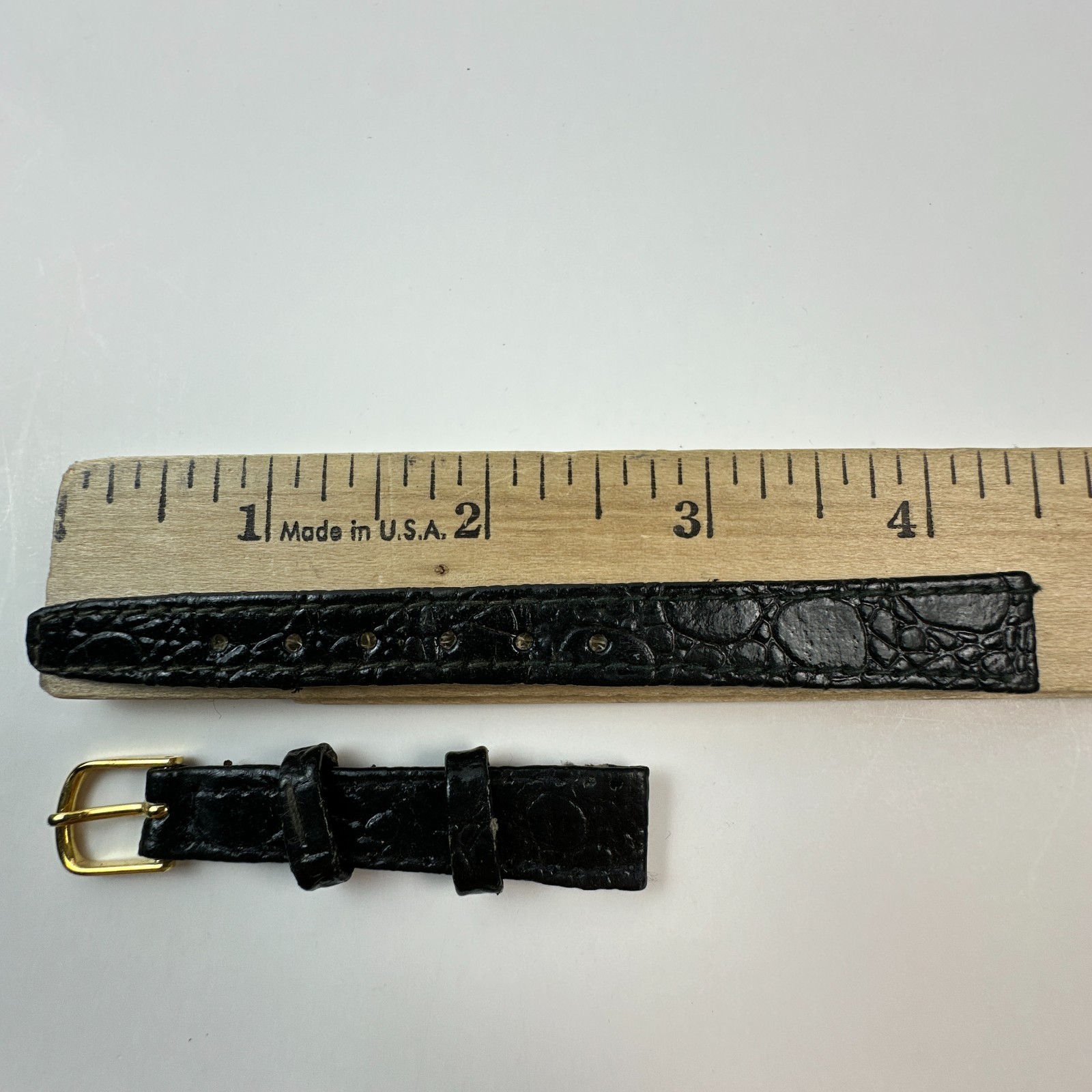 Womens Watch Bands Black 13mm Leather Crocodile Grain Two Piece Strap Gold Tone