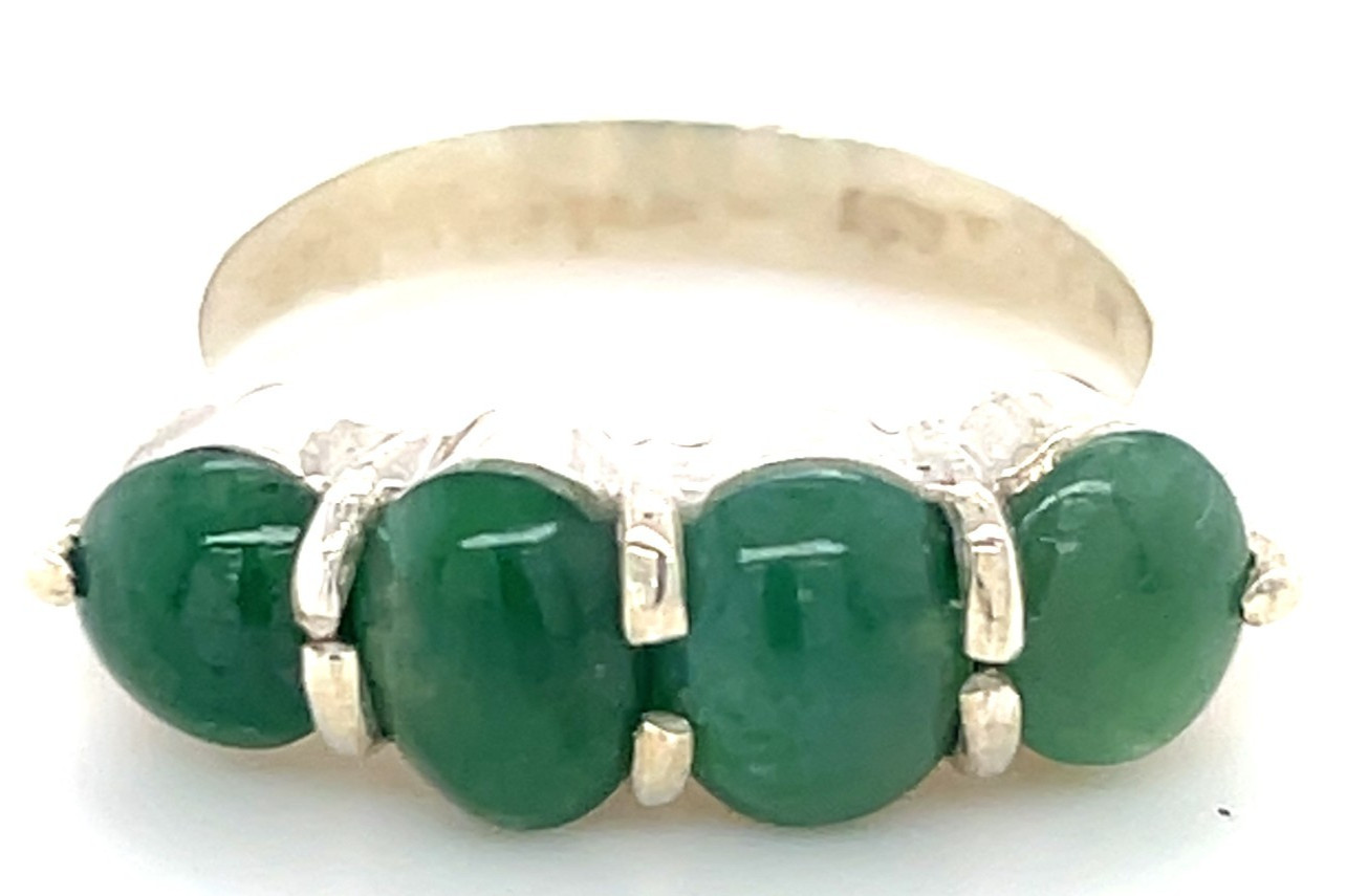 Type A Imperial Green Jadeite 4-Stone Ring 925 Silver Sz7.5