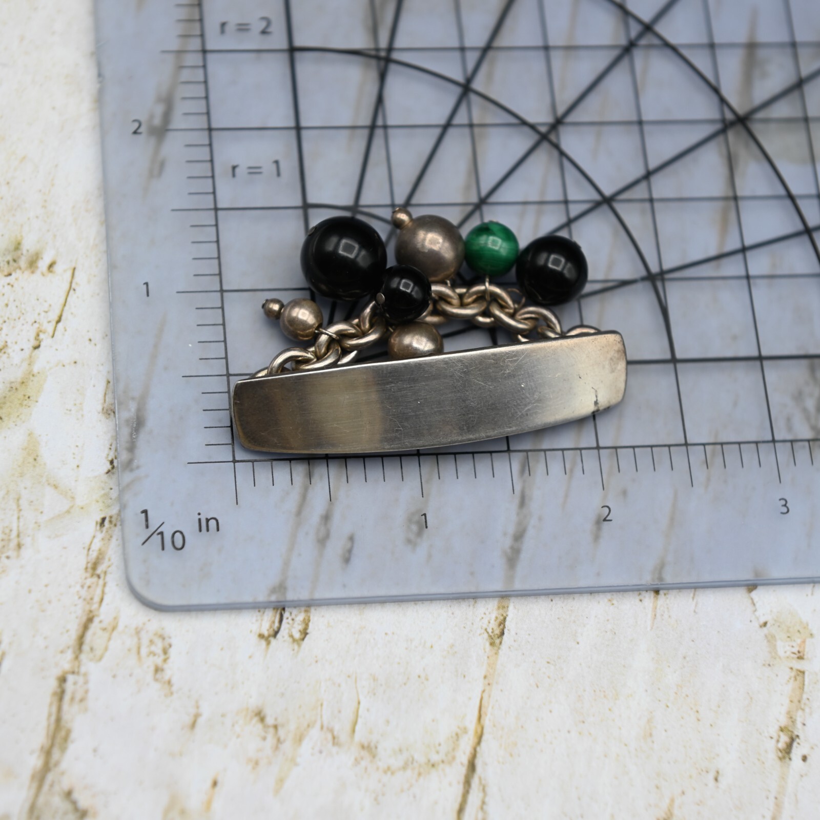 Susan Cummings Malachite Onyx Sterling Silver Bead Bar Dangle Pin Brooch 23.4g