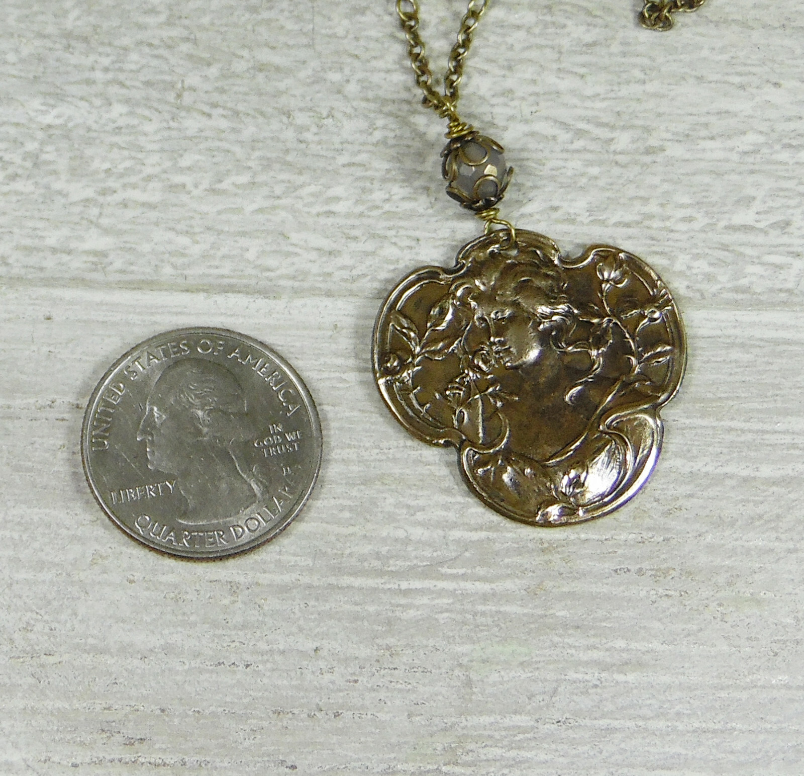 Aged Brass Art Nourveau Lady with Mystic Aura Quartz and Aquamarine Stone Beads