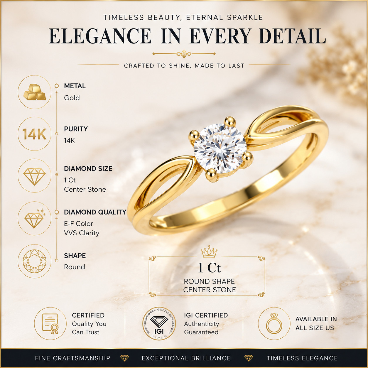 1 CT E-F/VS IGI Certified Lab-Grown Diamond Engagement Ring in 14K White Gold