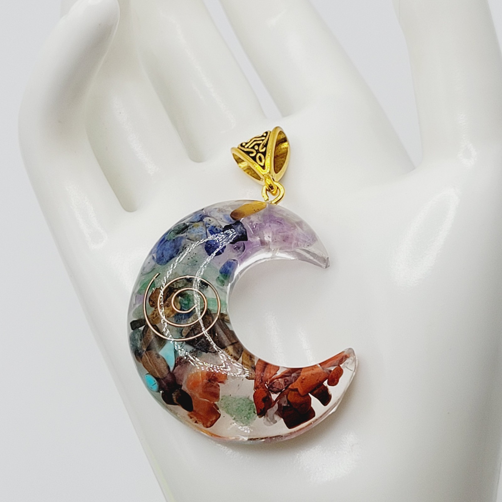 Crescent Moon Shape Orgone Chakra Crystal Chip Pendant Ornate Bail No Chain