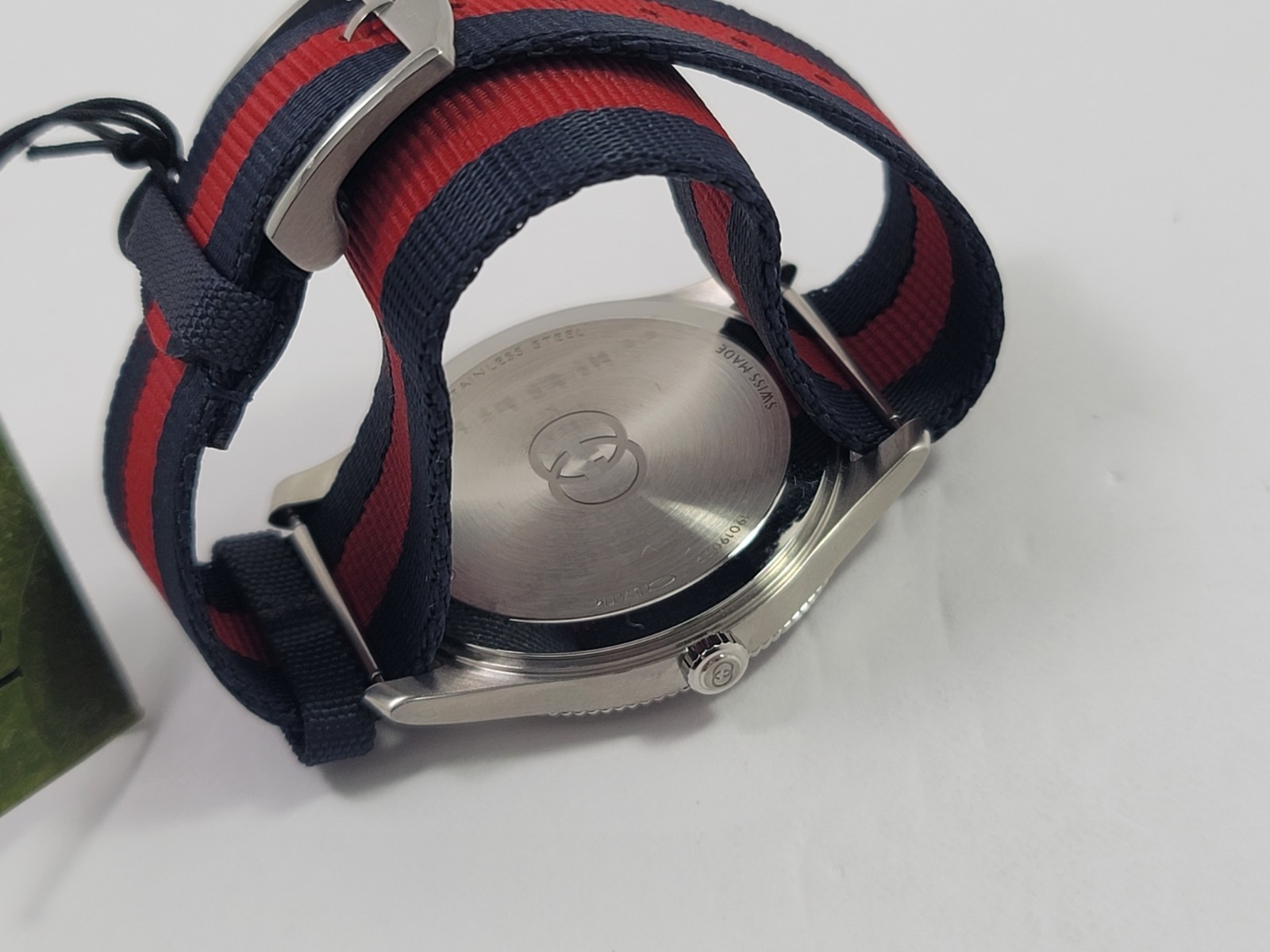 Gucci G-Timeless SWISS Quartz Silver Dial Blue Red Nylon Strap Watch YA1264237