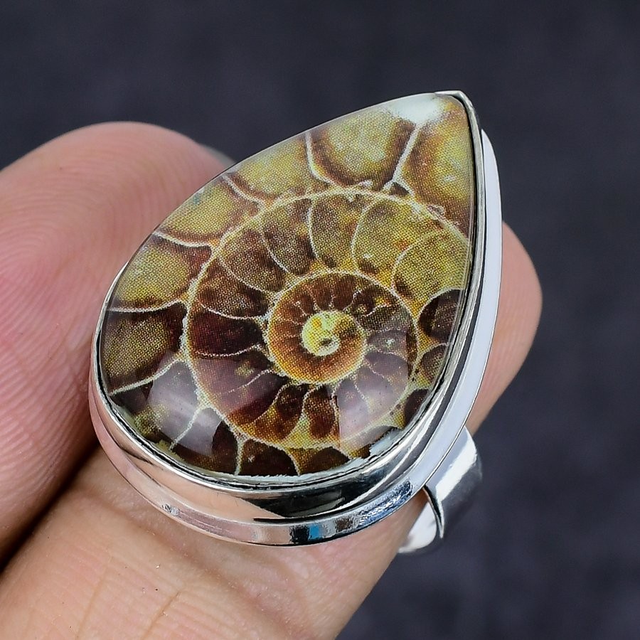 Ammonite Fossil Gemstone Handmade 925 Sterling Silver Jewelry Ring Size 8 Z248