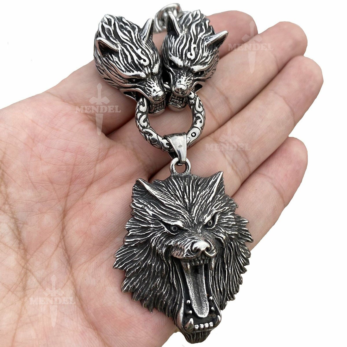 MENDEL Mens 30 Inch Stainless Steel Viking Wolf Head Pendant Necklace Heavy Men