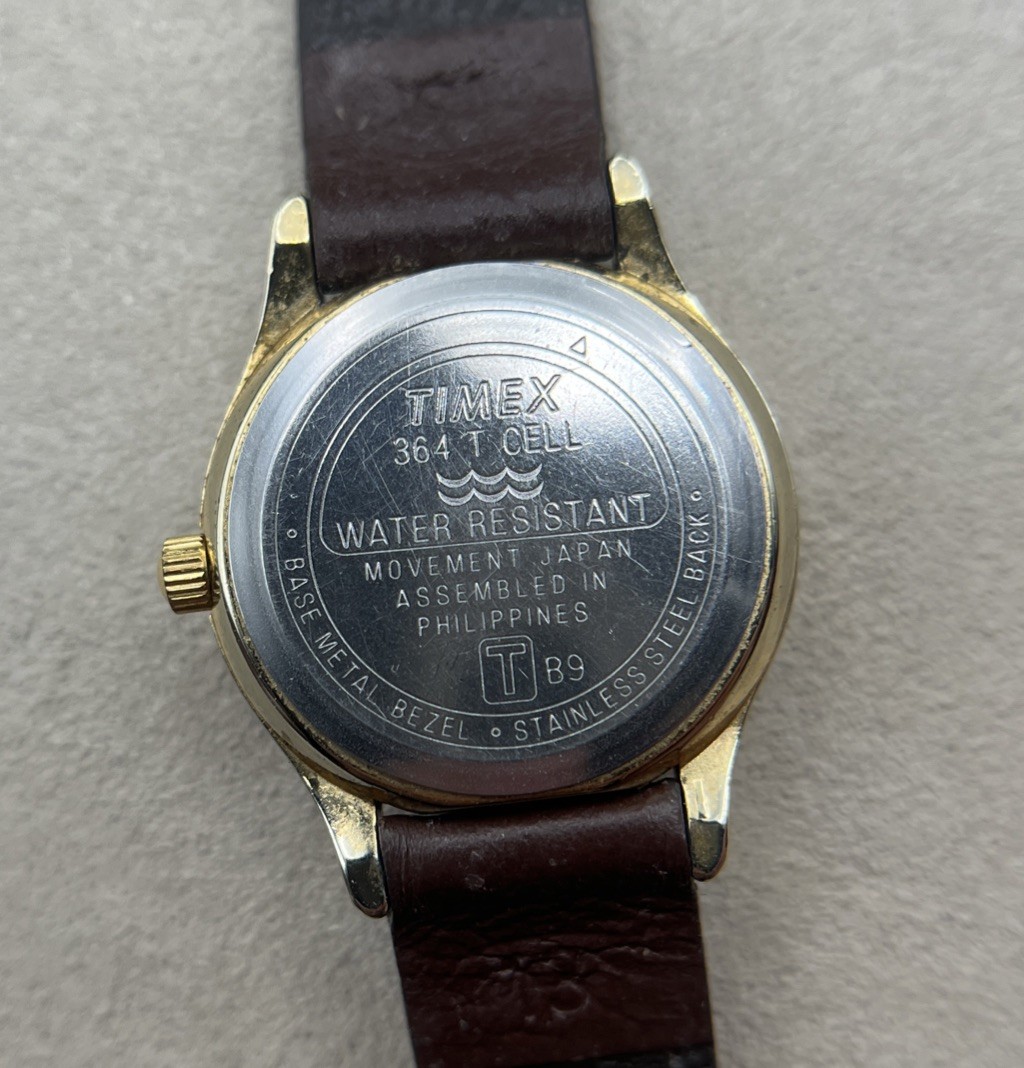 Timex 364 T Cell Moon Phase Quartz Wristwatch Gold Tone Brown Leather Band