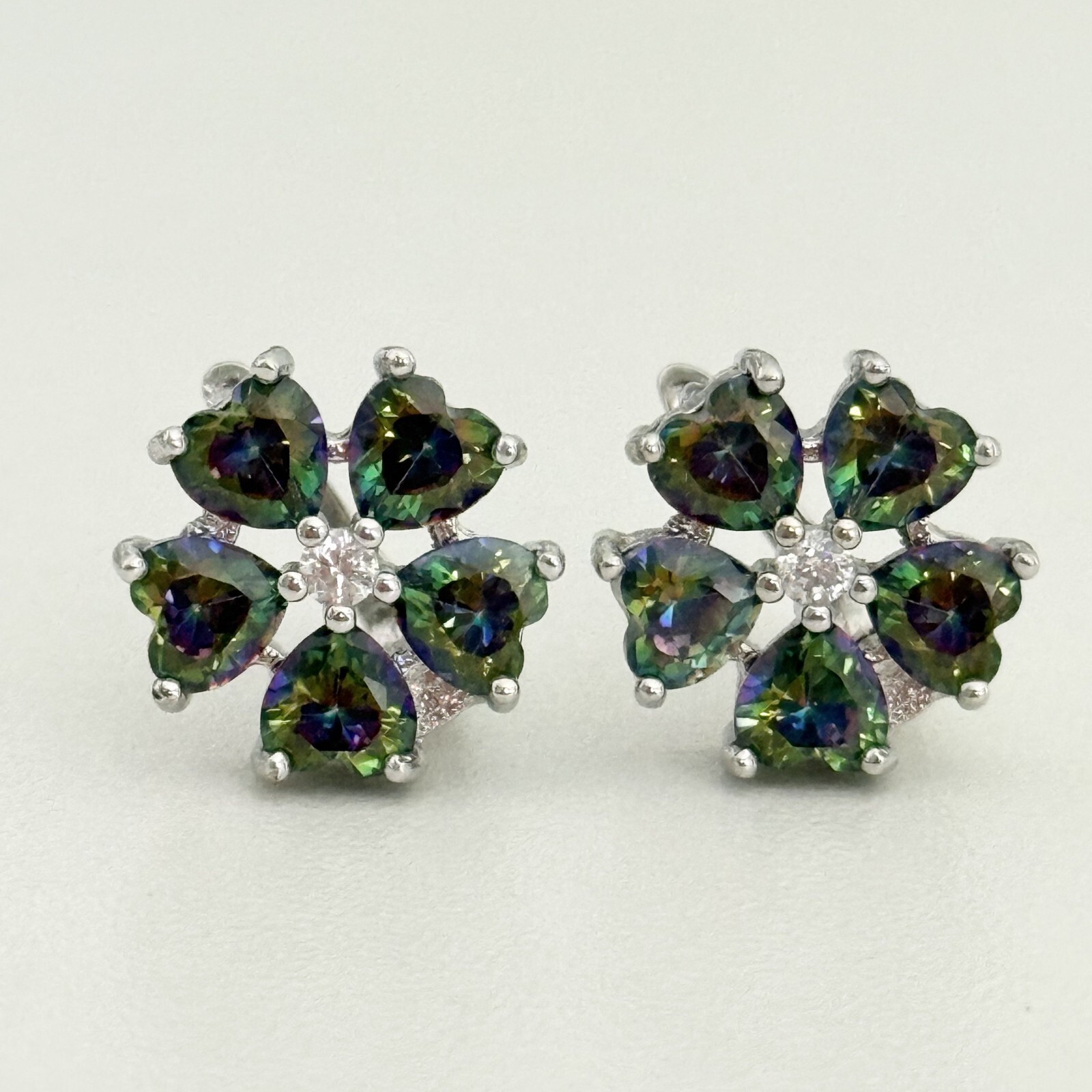 Ladies Mystic Topaz CZ Heart Silver Tone English Lock Post Earrings