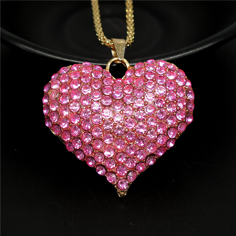 Fashion Women Pink Rhinestone Rose Shiny Heart Crystal Pendant Chain Necklace