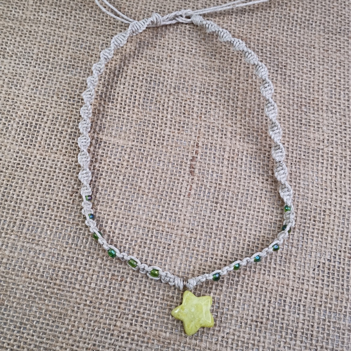 Natural Hemp Necklace w/ Jasper Star Charm & AB Beads, 16 -21 inch Ready to Ship