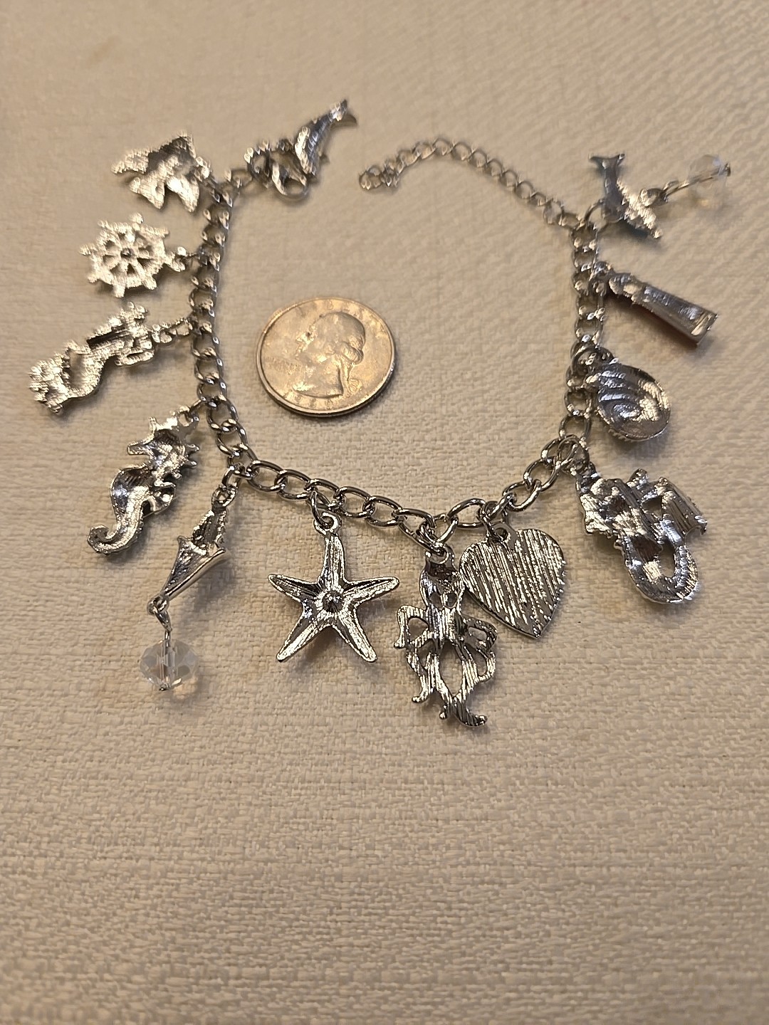 Sea Creatures Charm Bracelet 8″ L Beautiful Silver Tone, 2″extender-10″, Anklet