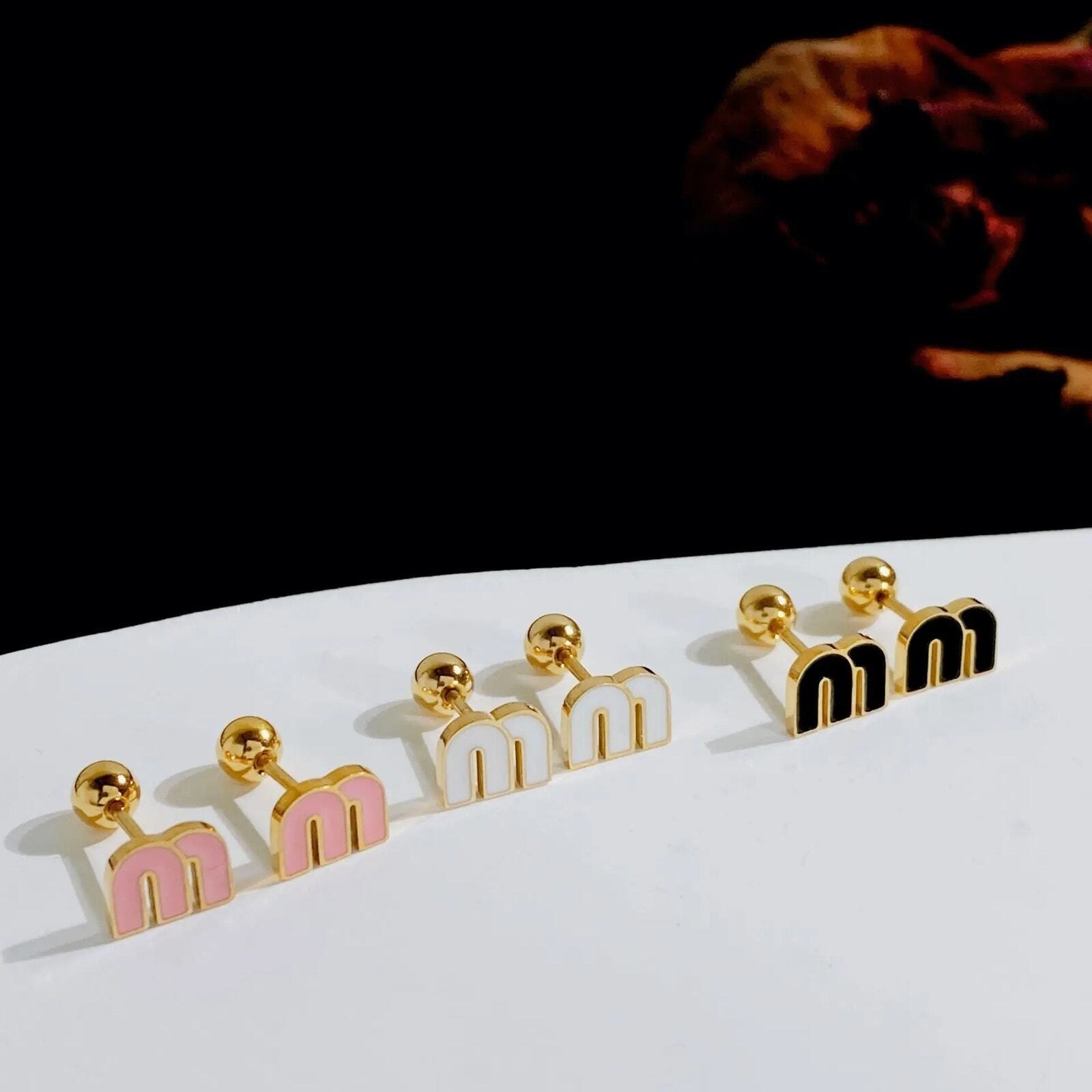Dainty Black Letter M Charm Stud Earrings Stianless steel