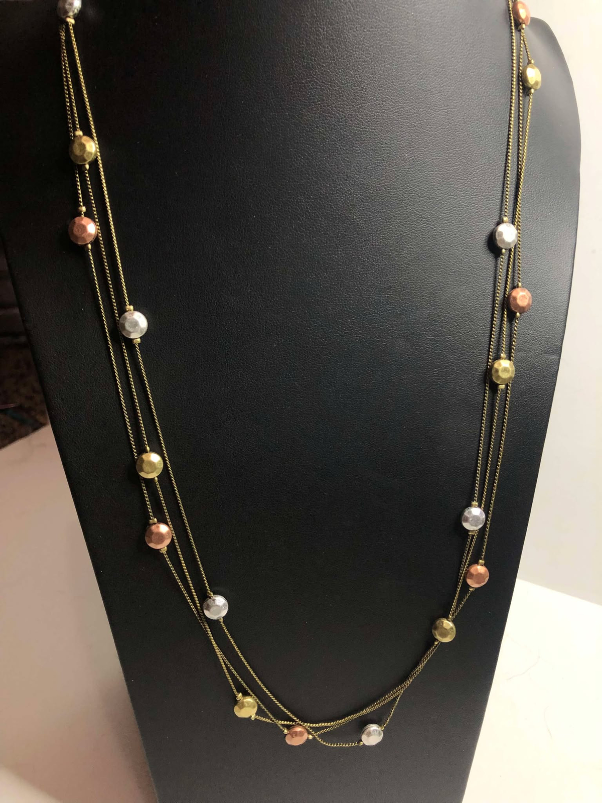 2886 Premier Design goldtone hammered station bead Necklace 36-40″ long