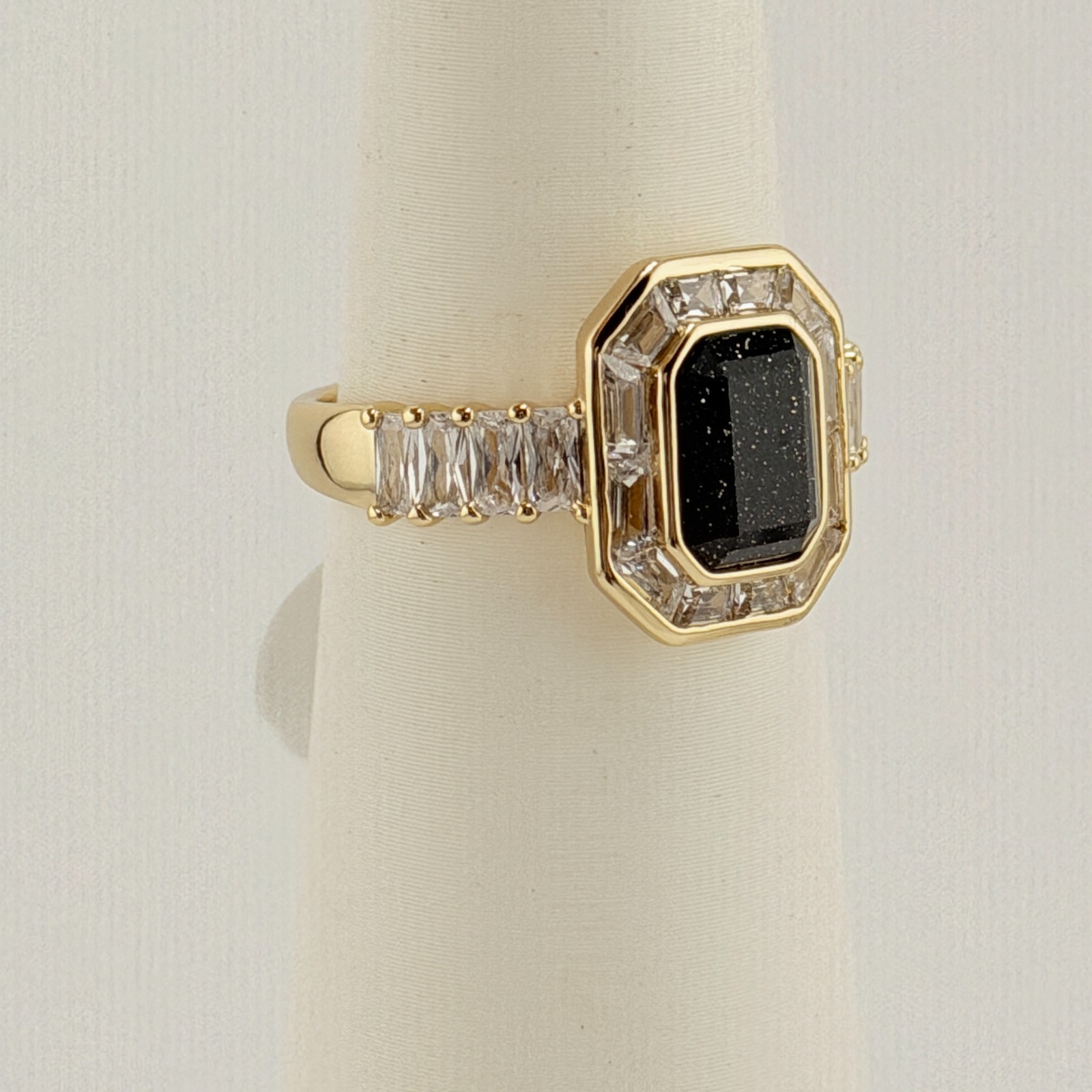 Bomb Party Ring Sz 7 “Nocturnal Habit” Black Onyx Sandstone on Yellow Gold