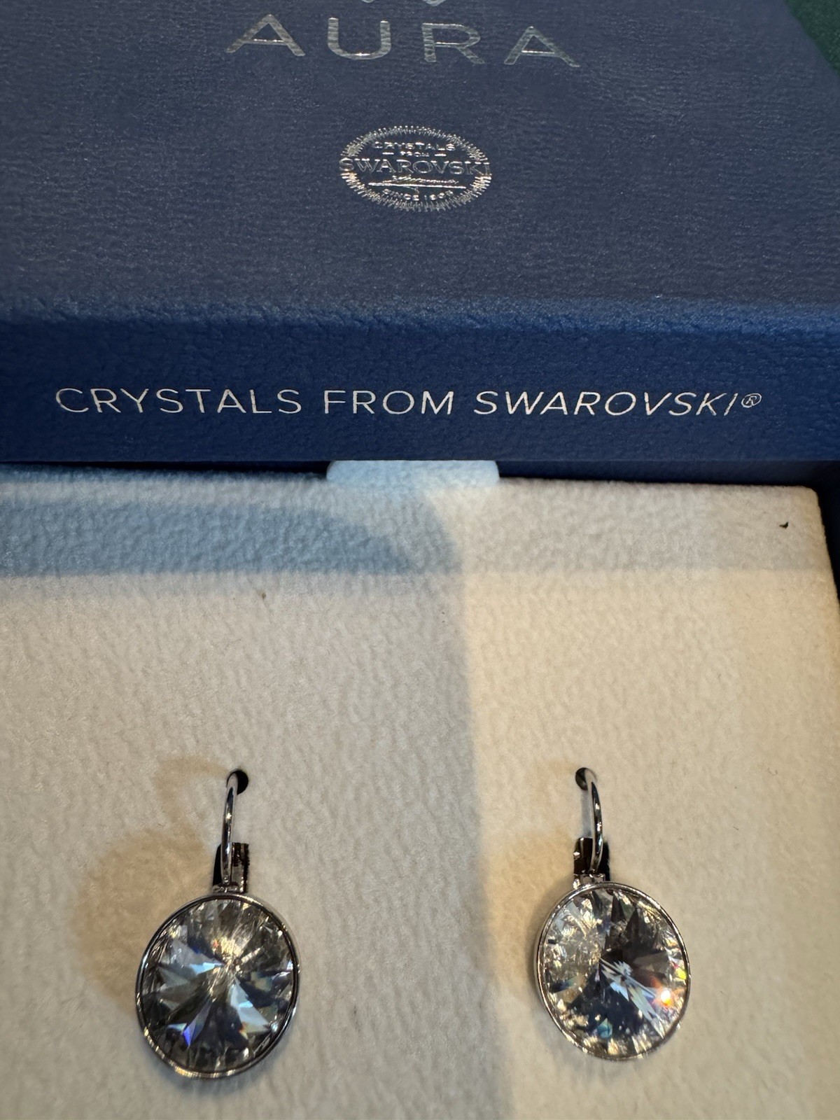 Aura Dangle Earrings Swarovski Crystal Leverback Clear Silver 10.9mm Round