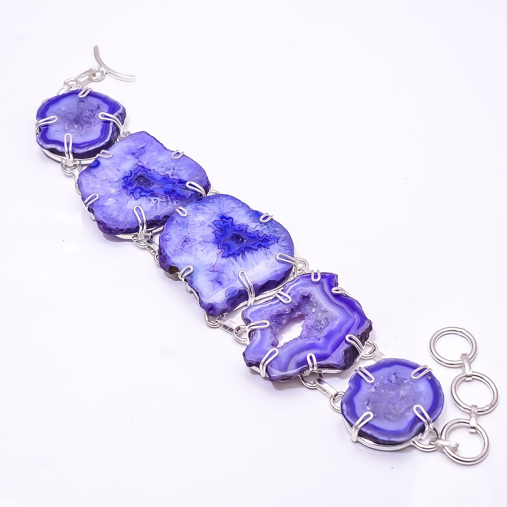 Natural Purple Agate Drusy Gemstone 925 Sterling Silver Bracelet 7.99″ B13