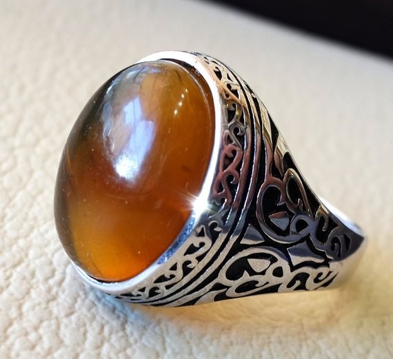 Solid 925 Sterling Silver Natural Baltic Amber Gemstone Signet Men’s Unisex Ring