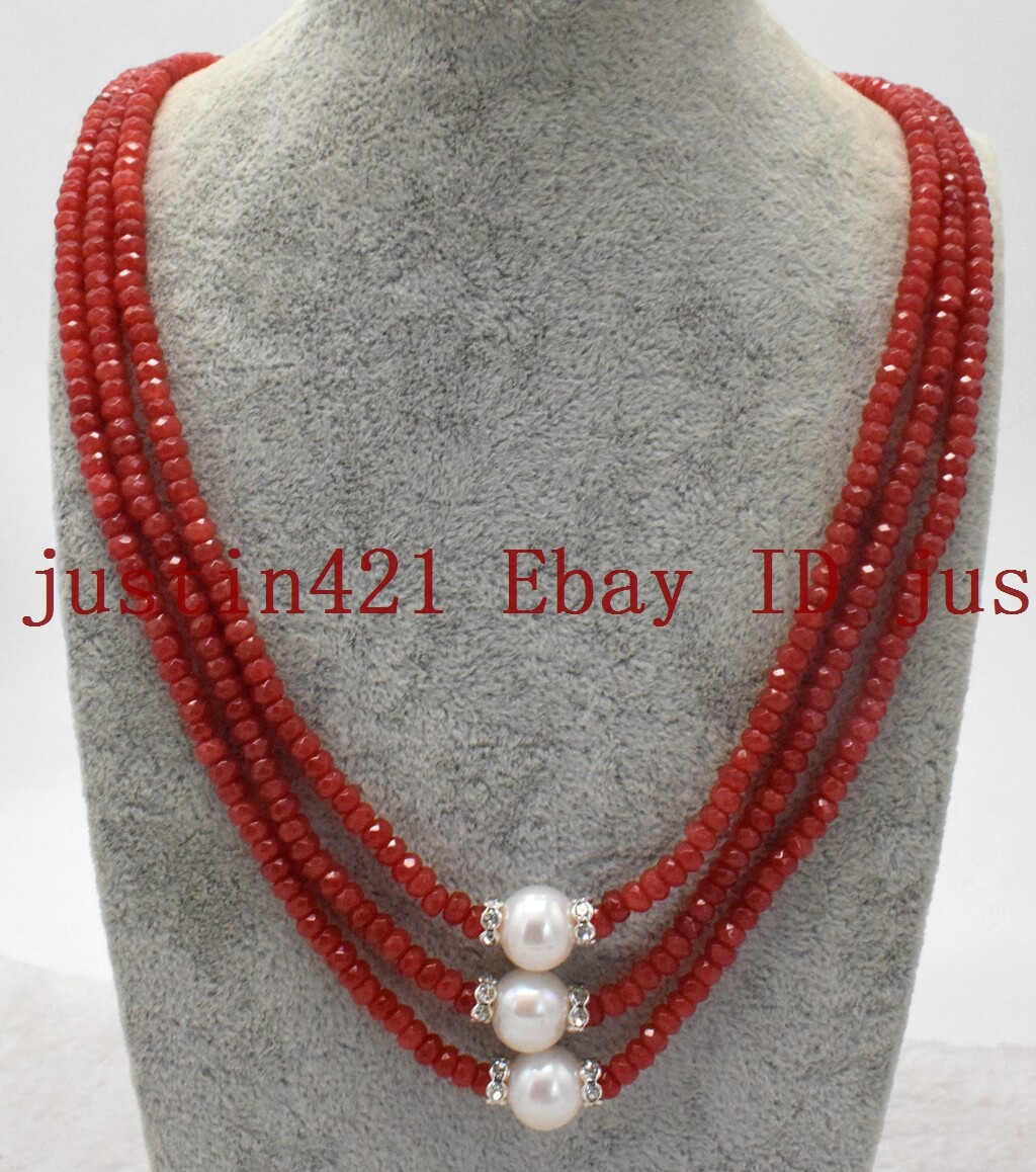 Fashion 3 Row 2x4mm Red Jade Roundelle Gems 9-10mm White Pearl Necklace 18-20”