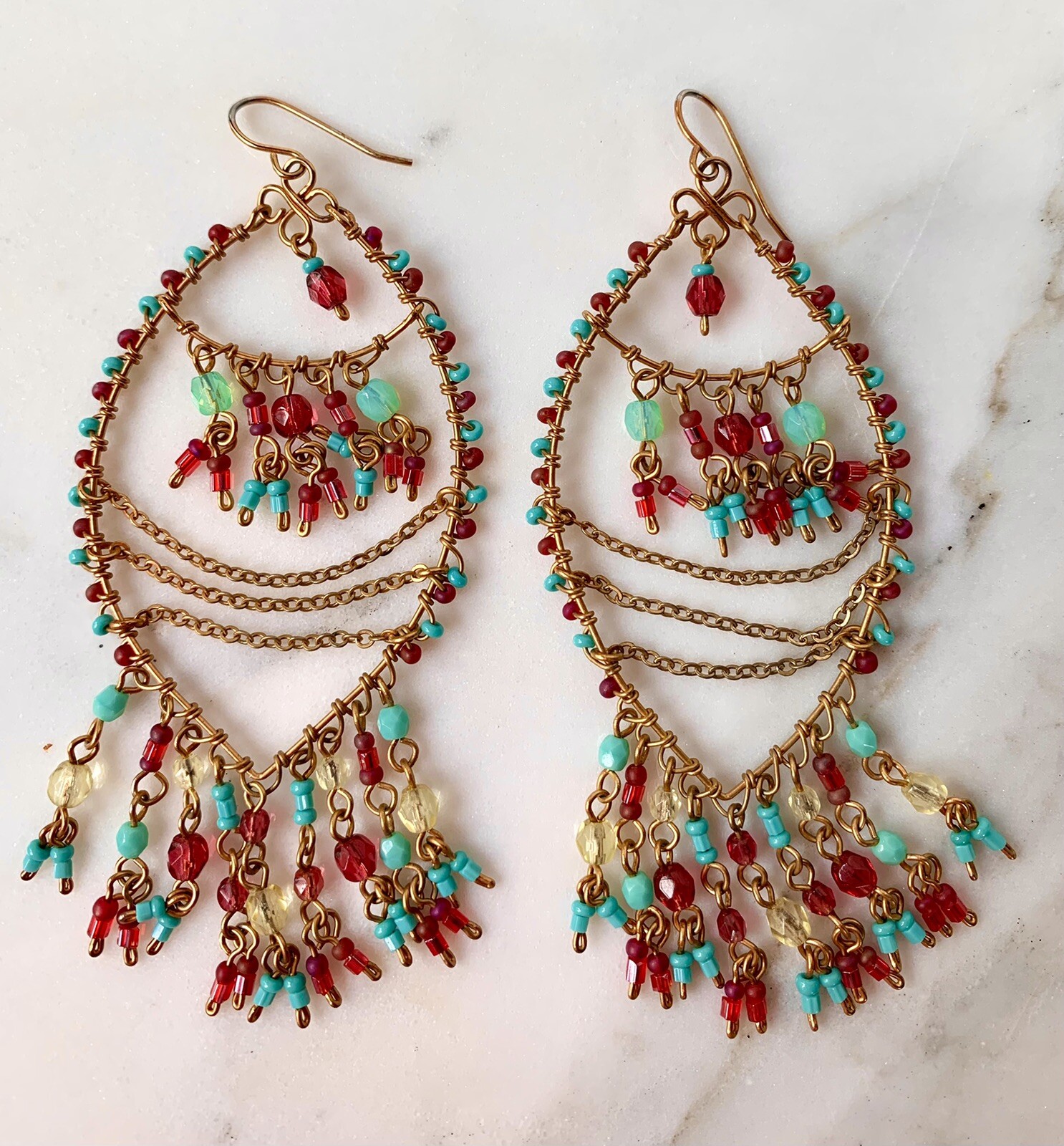 EXTRA LONG INCREDIBLE TURQUOISE PINK GLASS BEAD VINTAGE DANGLE EARRINGS 3.75 in