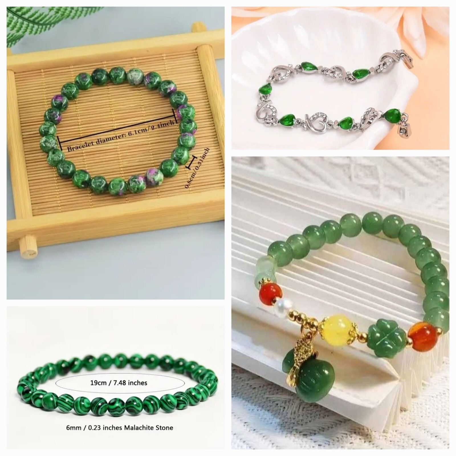 4 Bracelets: Malachite, Ruby In Zoisite, Jade Heart, Agate Money Bag