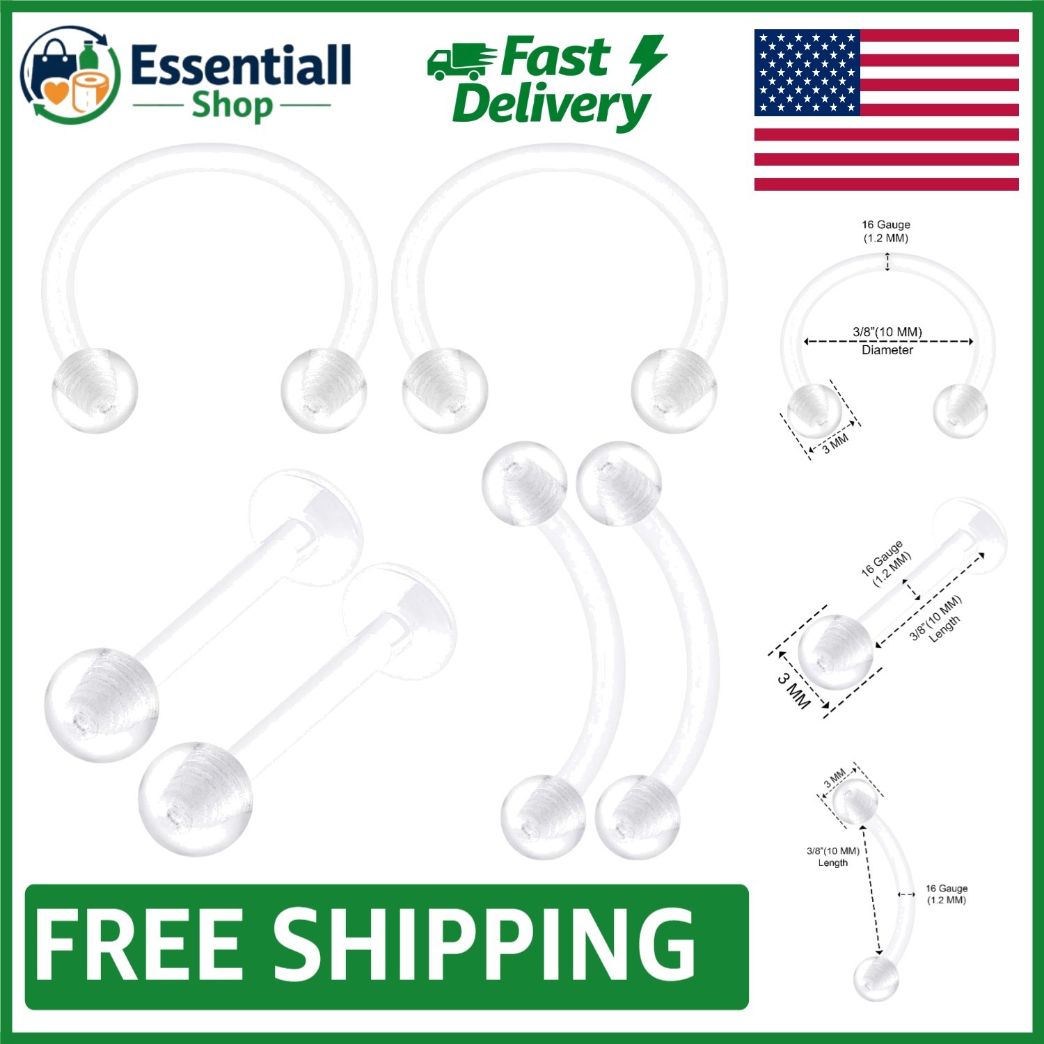 6 Bioplastic Clear Piercing Retainers – Modern 10mm Ball for Cartilage & Lobe
