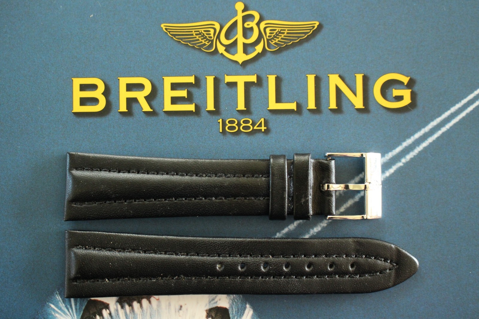 NOS 22-18 BLACK WAX CALF TONGUE BUCKLE WATCH BAND WATCHBAND STRAP FOR BREITLING
