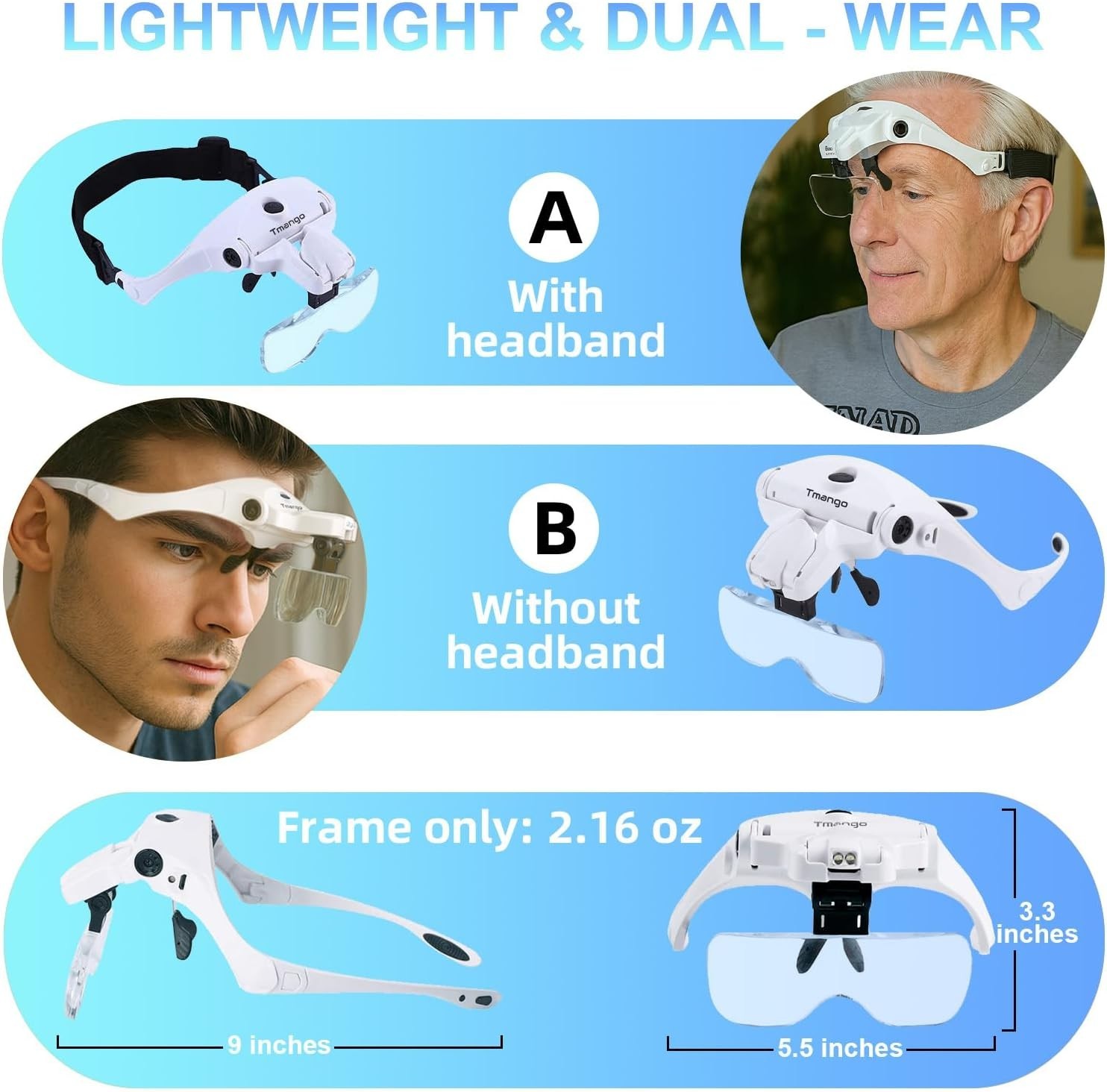 Rechargeable Lighted Headband Magnifier 3.5X Hands-Free Jewelry Watch Repair
