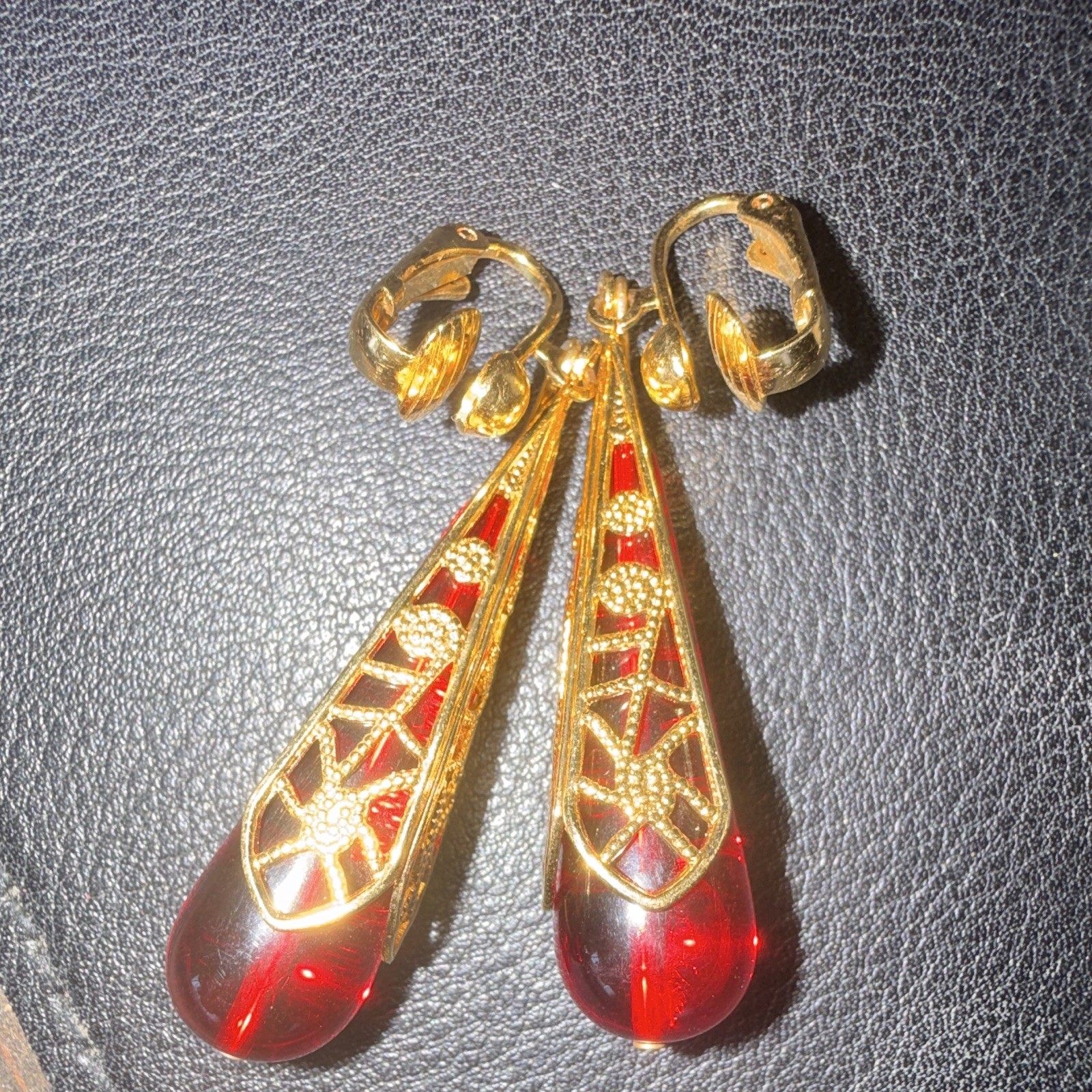 Avon Vintage Clip-On Red Lucite Drop Goldtone Filigree Dangly