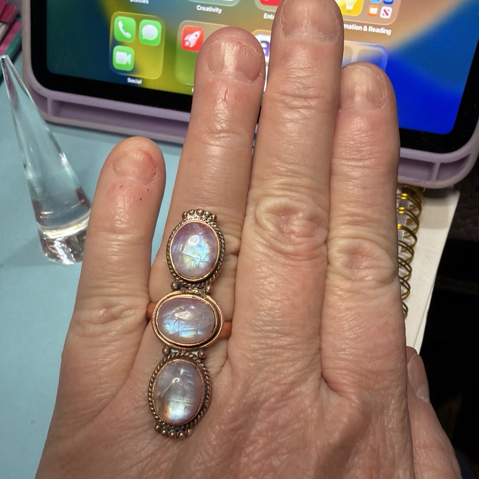 Pink Moonstone Copper Adjustable Ring Sz 7-9