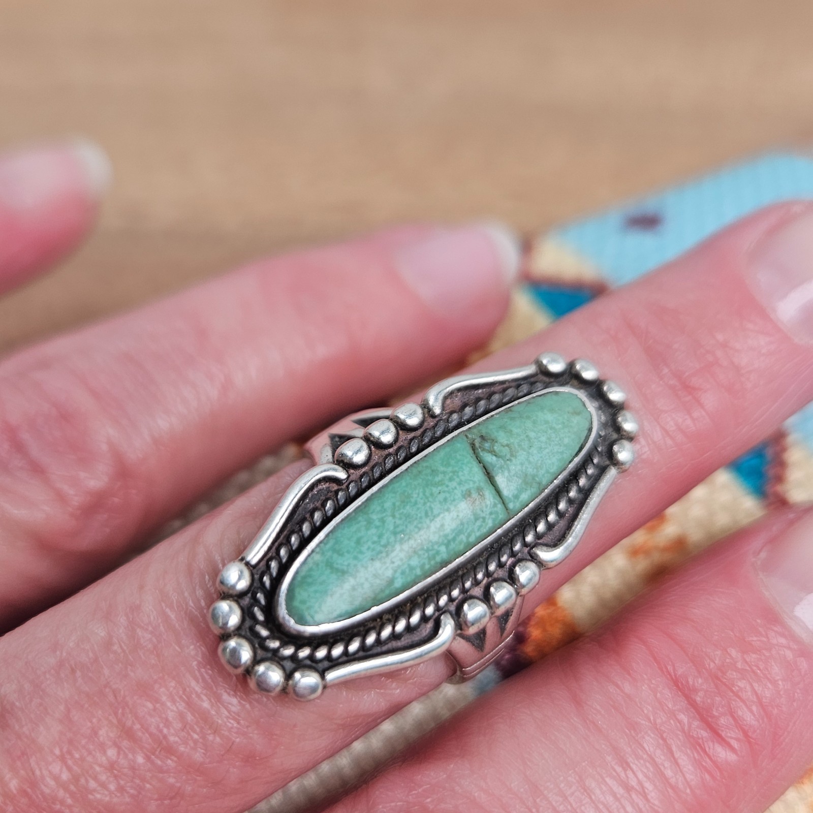 Bell Trading Post Navajo Sterling Silver Variscite Bead Twist Ring Size 7.5 Band