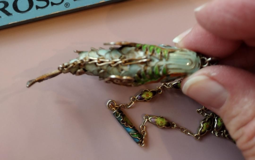 Vtg Chinese Koi Fish Necklace Silver Cloisonne Enamel Articulated Ships Free