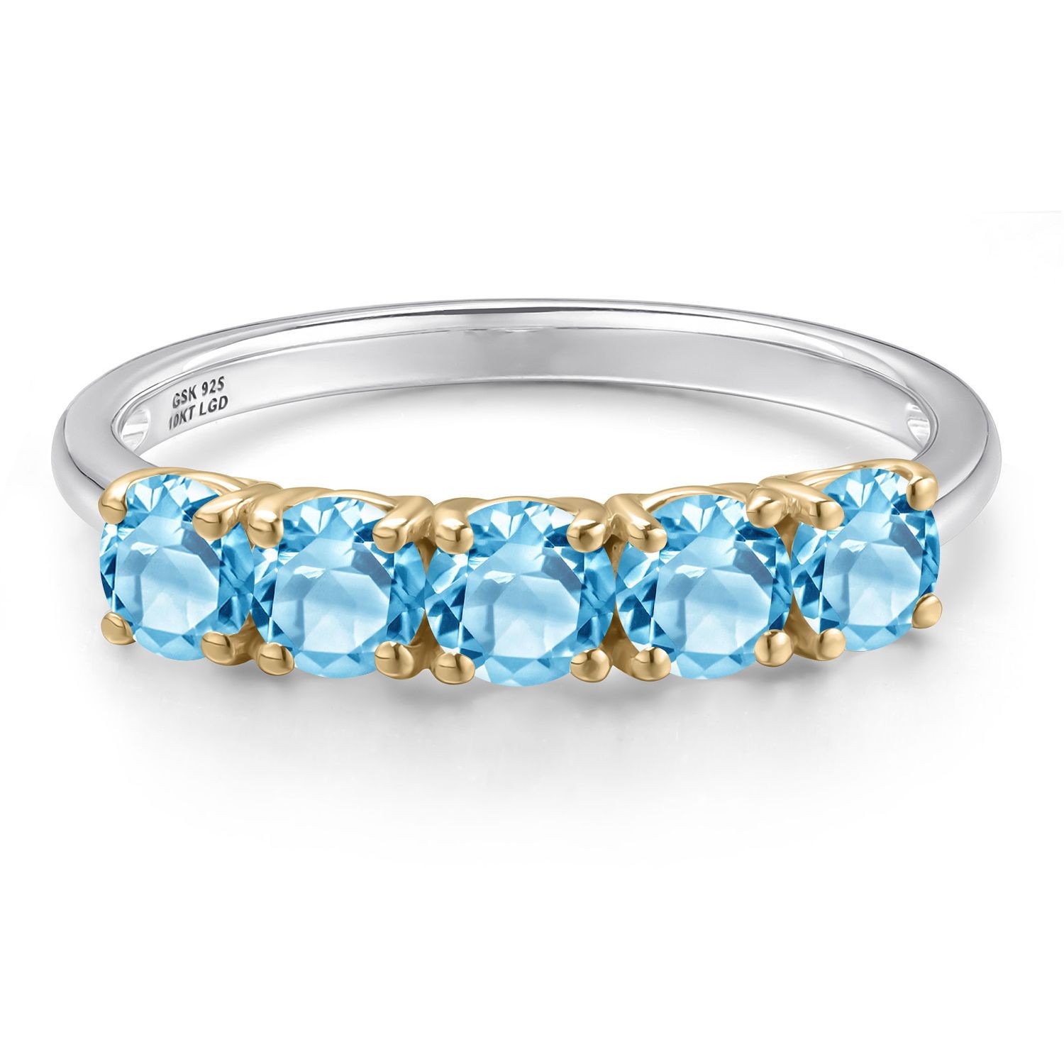 925 Silver and 10K Yellow Gold Swiss Blue Topaz Wedding-Bands Ring For Women |
