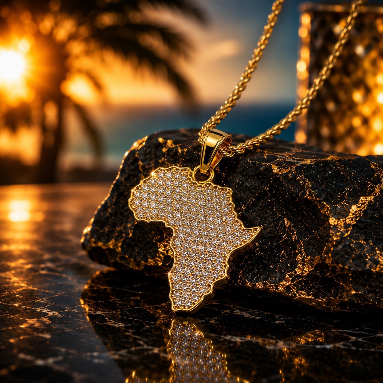 Men’s Iced Out 14k Gold Plated Africa Map Pendant 24″ Rope Chain Necklace 1126 G