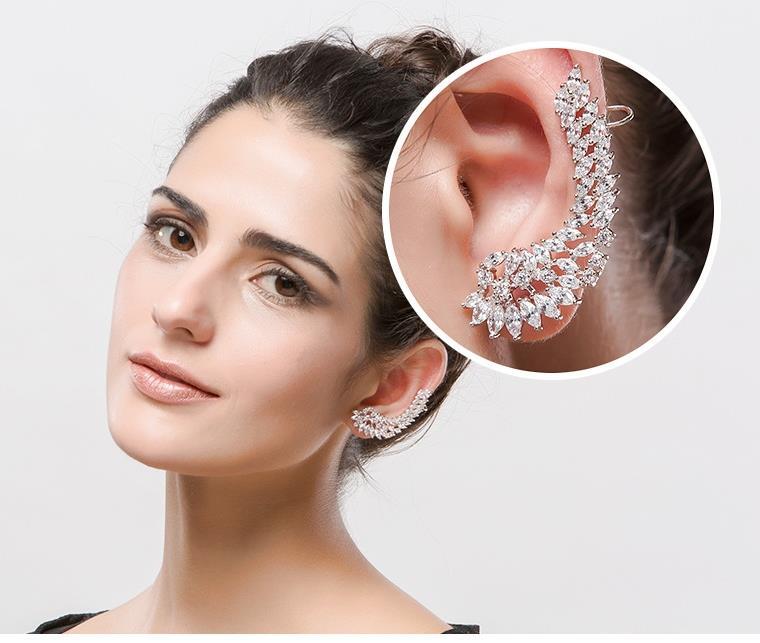 Sterling Silver Post CZ Cubic Zirconia Wing Earrings Ear Cuff Crawler Climber