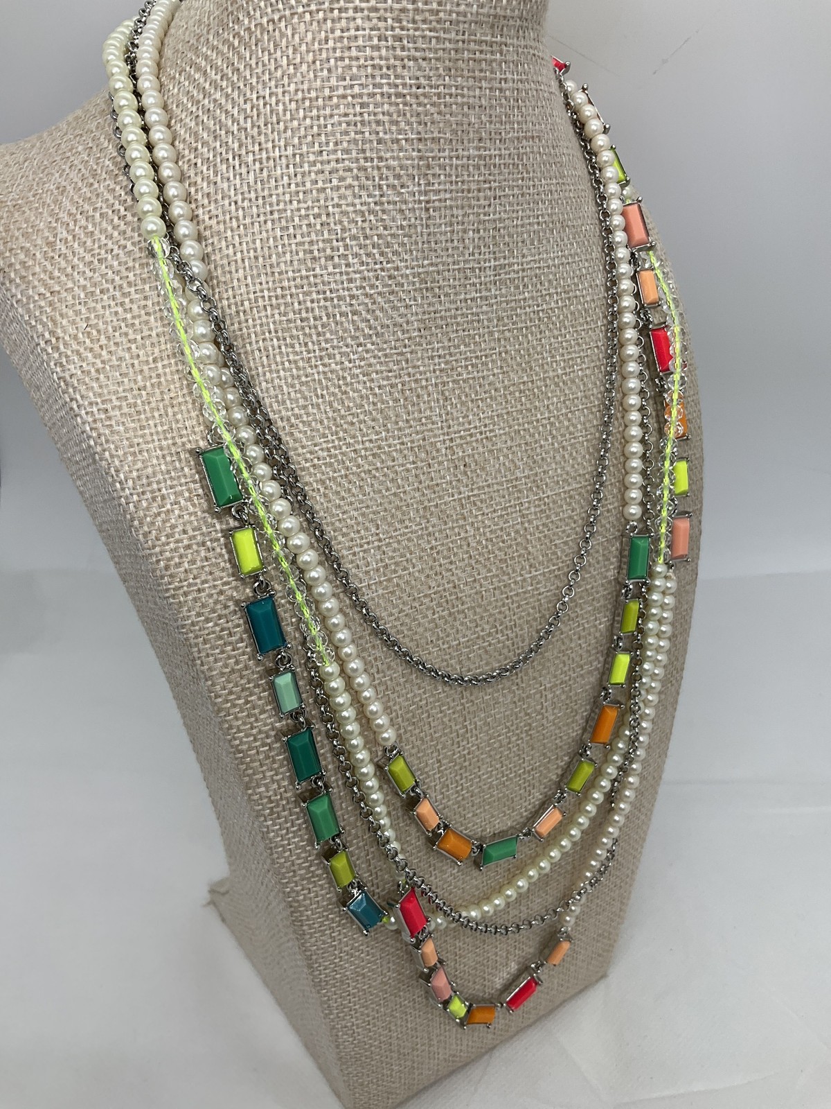 Ann Taylor Silver Tone Colorful Baguette Faux Pearl Layered Necklace Bracelet
