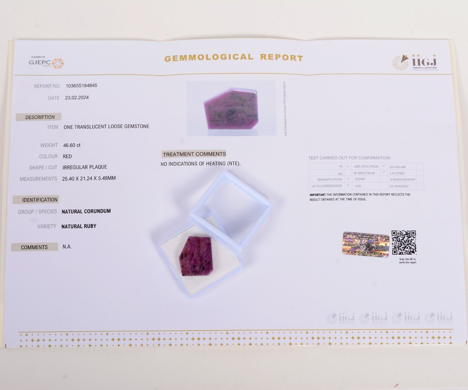 46.60 Ct Natural Red Ruby HUGE ROUGH Earth Mined GTL CERTIFIED Loose Gemstone