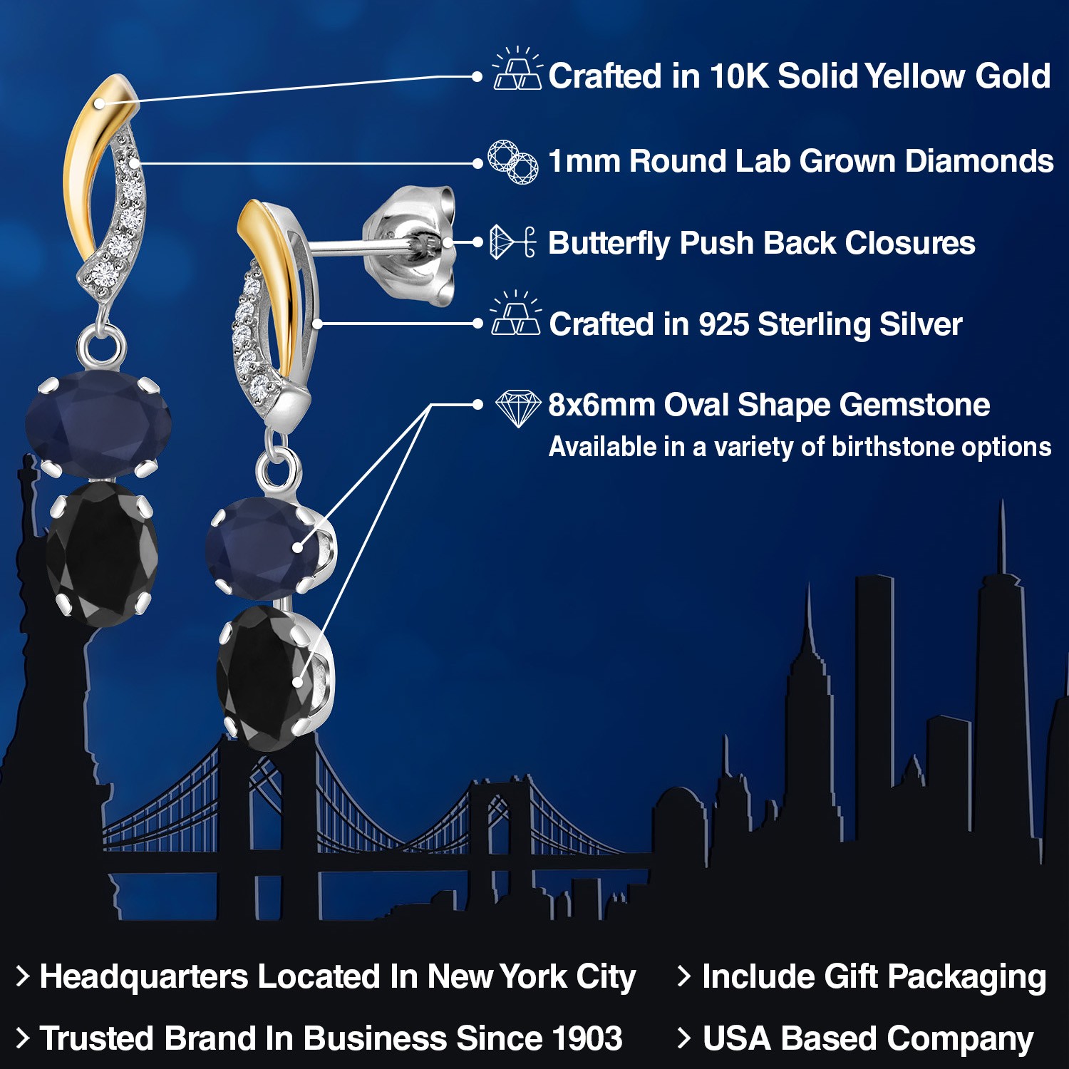 925 Silver and 10K Yellow Gold Sapphire and Black Sapphire and Lab Grown