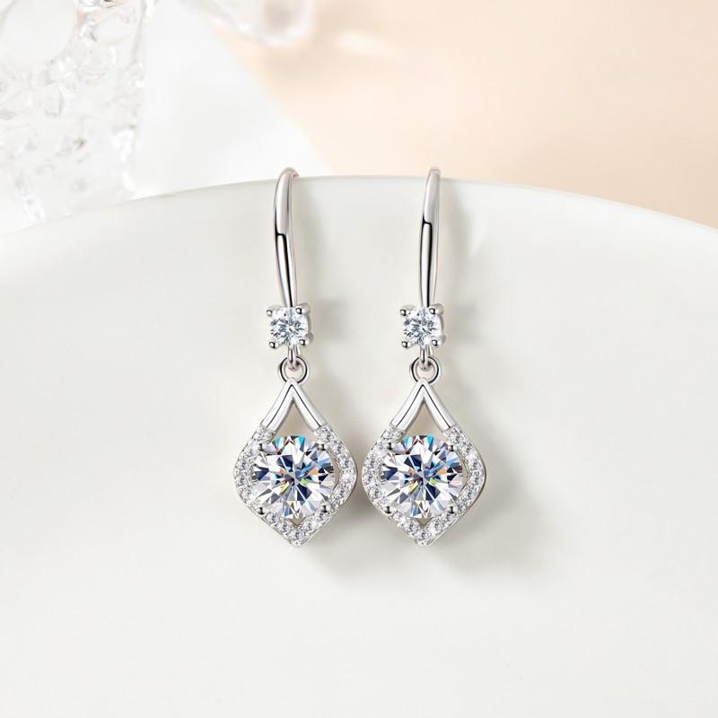 1ct 2ct Moissanite Earrings Sterling Silver Dangle Teardrop Hook GRA Certified