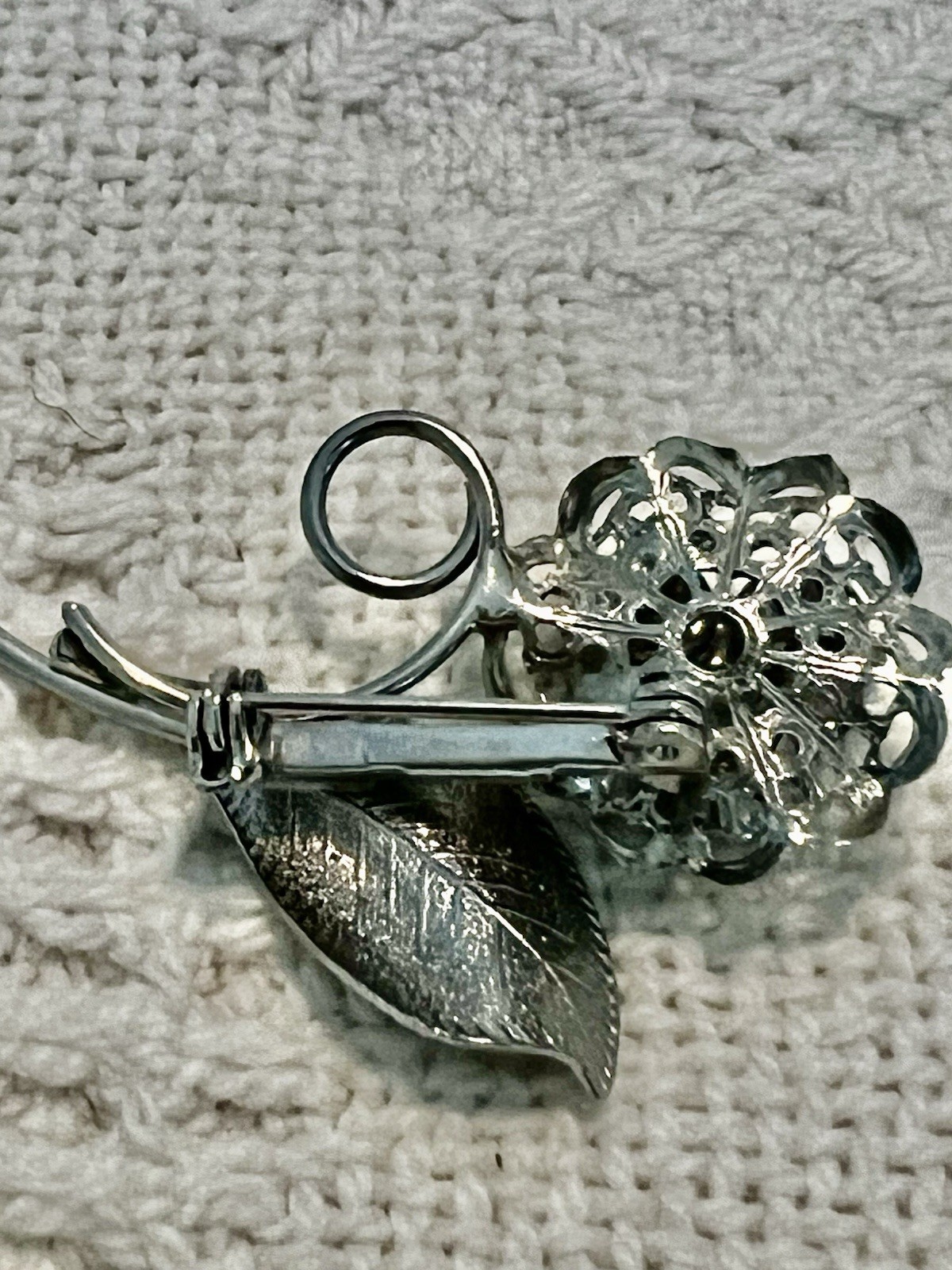 Vintage Crystal Flower Brooch Silver Metal Leaf and Filigree 1 3/4” Long