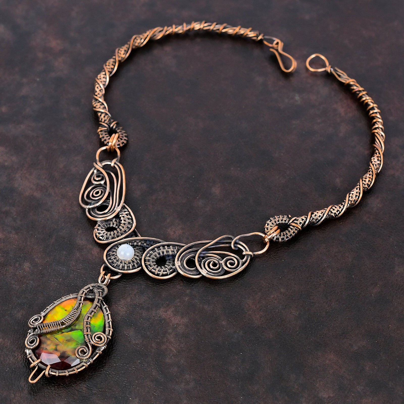 Gift For Her Copper Ammolite Gemstone Jewelry Wire Wrapped Chain Necklace 18.0″