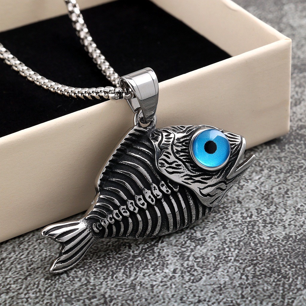 Fish Aquatic Jewelry w/ Blue Eye Fishing Animal Pendant Necklace Stainless Steel